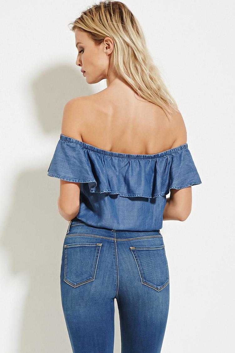 Forever 21 Chambray Offtheshoulder Top in Light Denim (Blue) Lyst